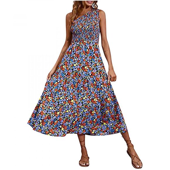 Guzom Dresses & Skirts - Guzom One Shoulder Mesh Wave Floral Sleeveless Long Midi Dress | women's size L